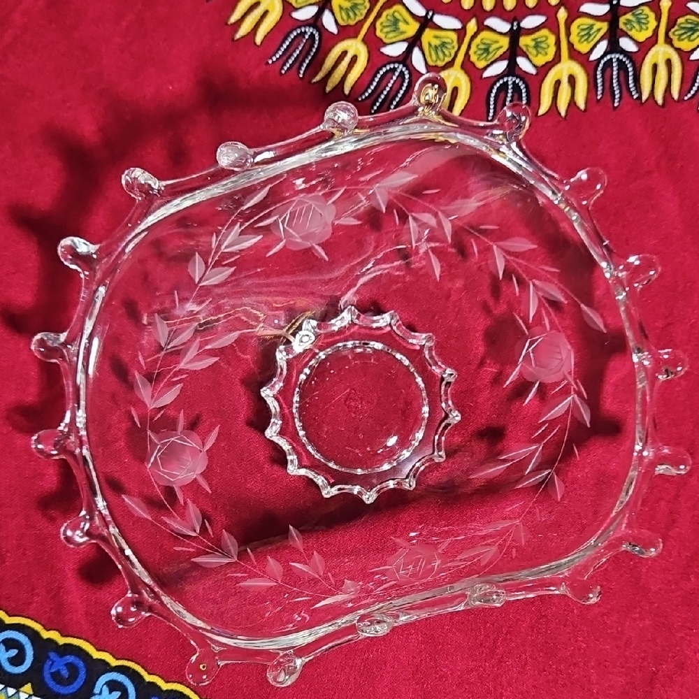 Vintage Heisey Lariat Etched Floral/Leaf Rolled Nougat Plate